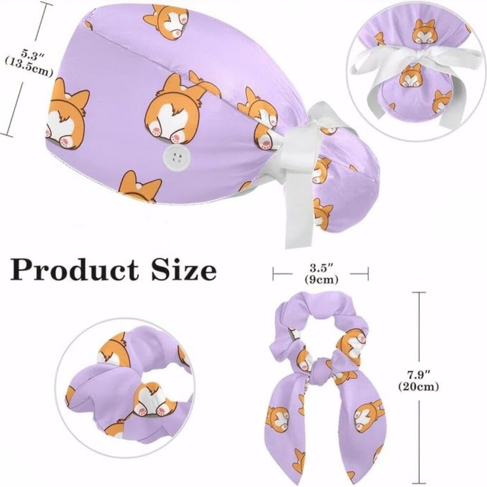 Adjustable Surgical Scrub Cap with Button Sweatband and Bow Hair Scrunchy - Picture 3 of 7